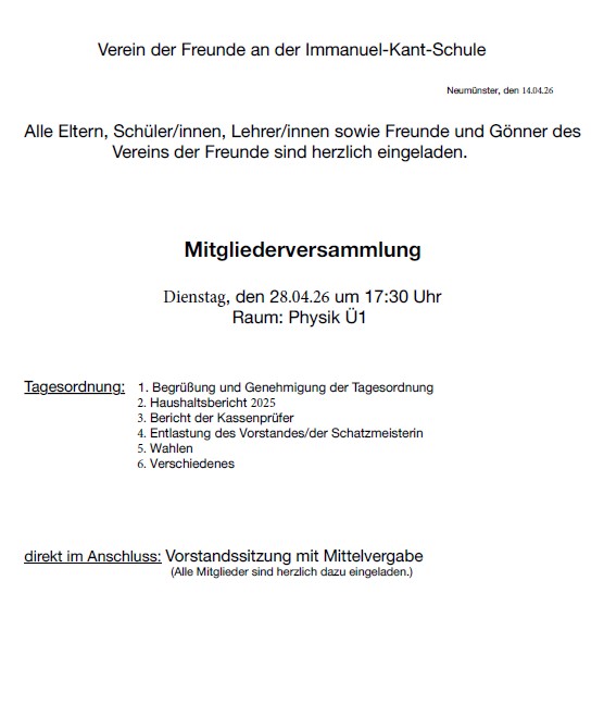 Verein der Freunde – JHV 17:30 Uhr – 28.04.26